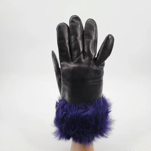 Wilsons Black Leather Purple Fur Cuff Gloves Women's Size Medium Winter Classic - Picture 9 of 9